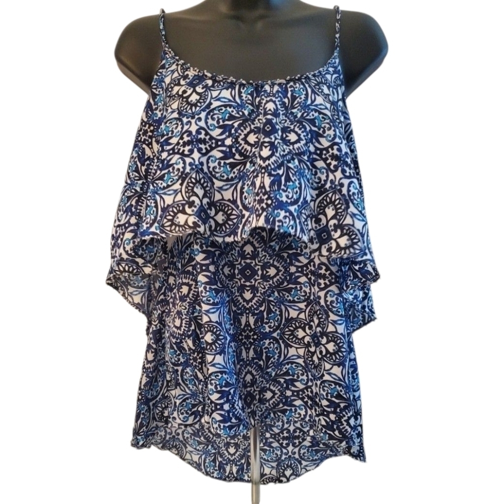 White House Black Market Blue and White Print Tiered Ruffle Tank Top Size M